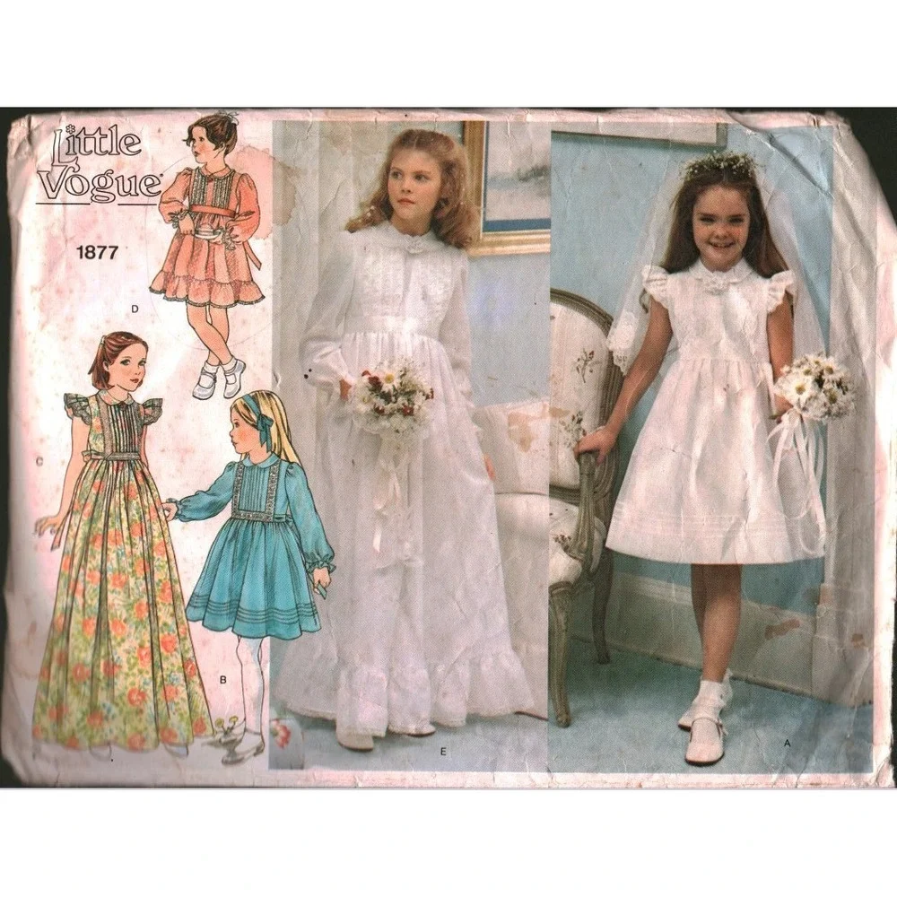 Vintage Little Vogue 1877 Girls Dress Veil Sewing Pattern Size 7 Flower Girl MCM